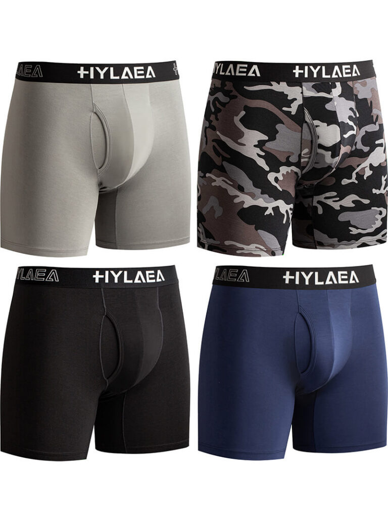 Hylaea Men's Bamboo Fiber Boxer Briefs – 4-Pack (Black/Grey/Blue/Camouflage)